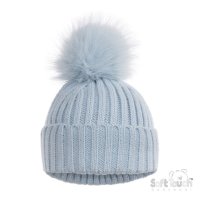 H712-BB: Blue Ribbed Hat with Glitter Pom Pom (0-12M)